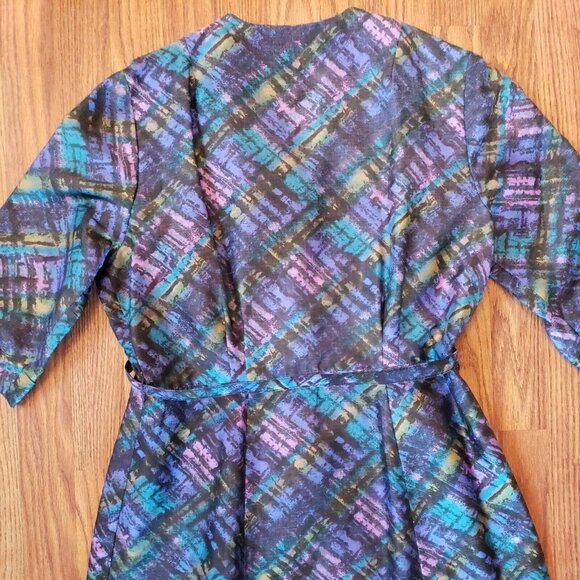 Vintage Wiggle Dress Sz 16 Belted Pin Up Brutalist Peacock Blue Jeweled Collar - Picture 14 of 16